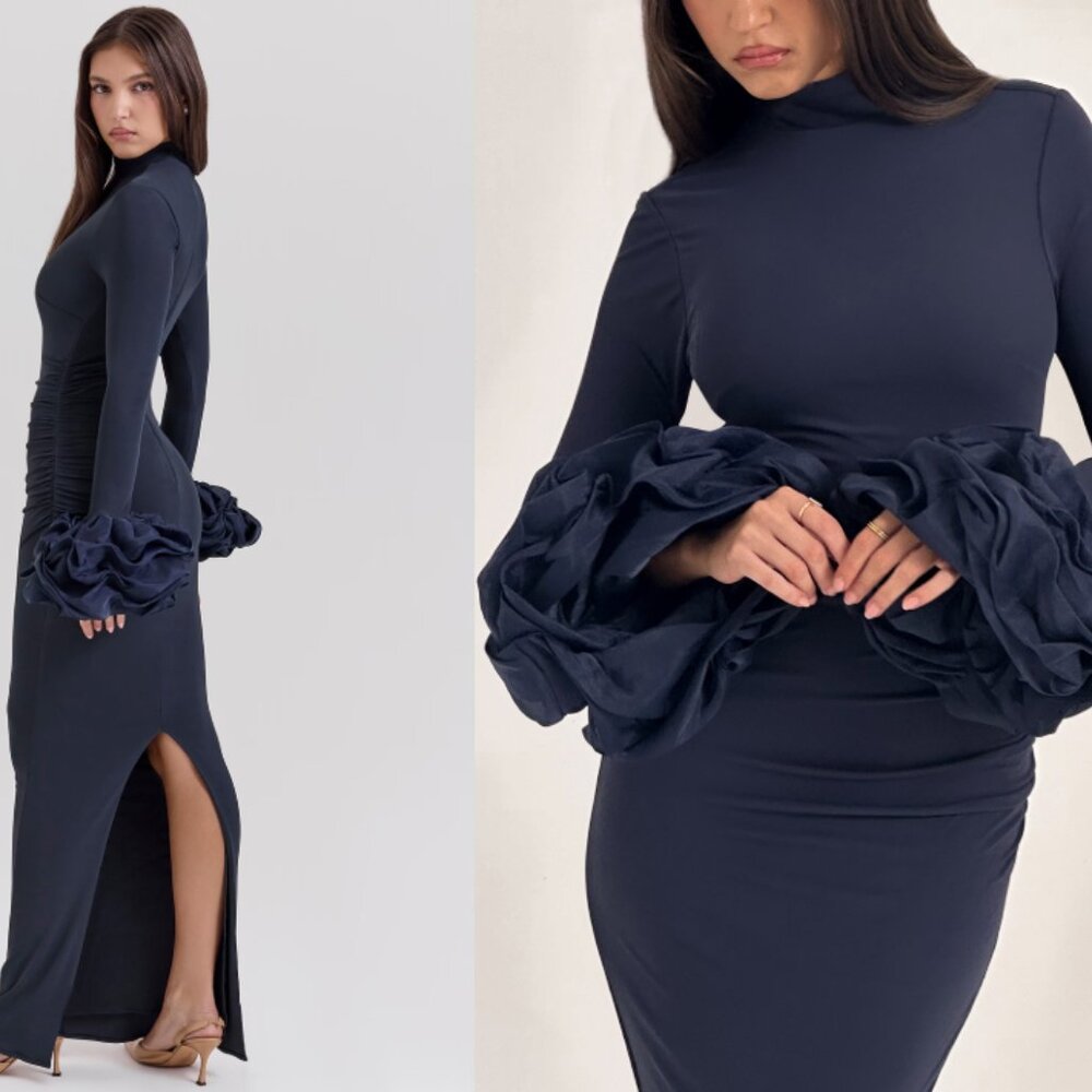 HOUSE OF CB 'Fabienne' Midnight Ruffle Sleeve Maxi Dress NWOT - Picture 5 of 9